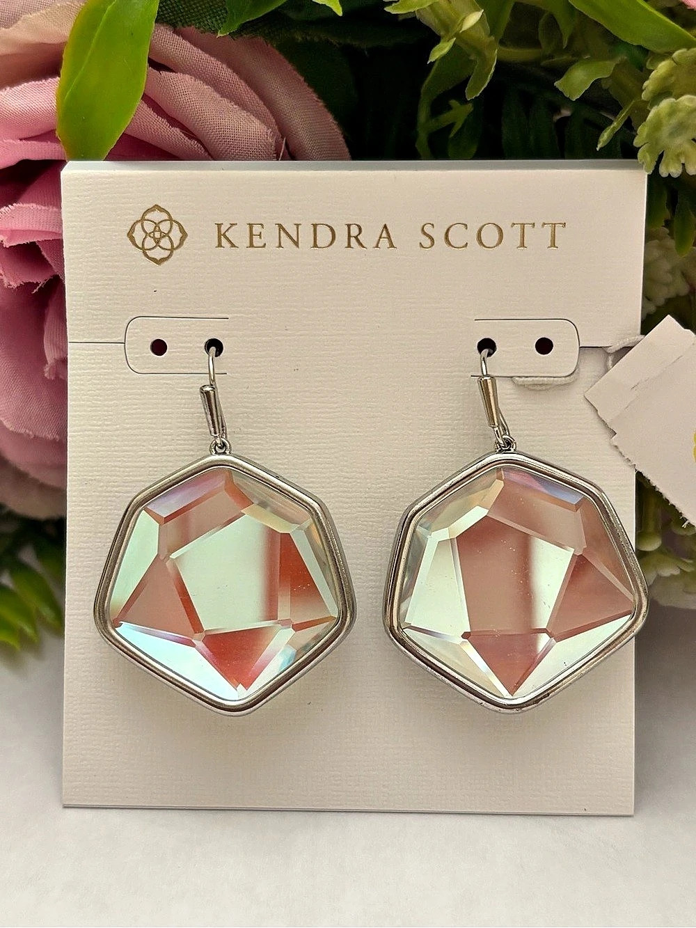 NWT Kendra Scott set of Vanessa Earrings + Necklace in silver Dichroic glass